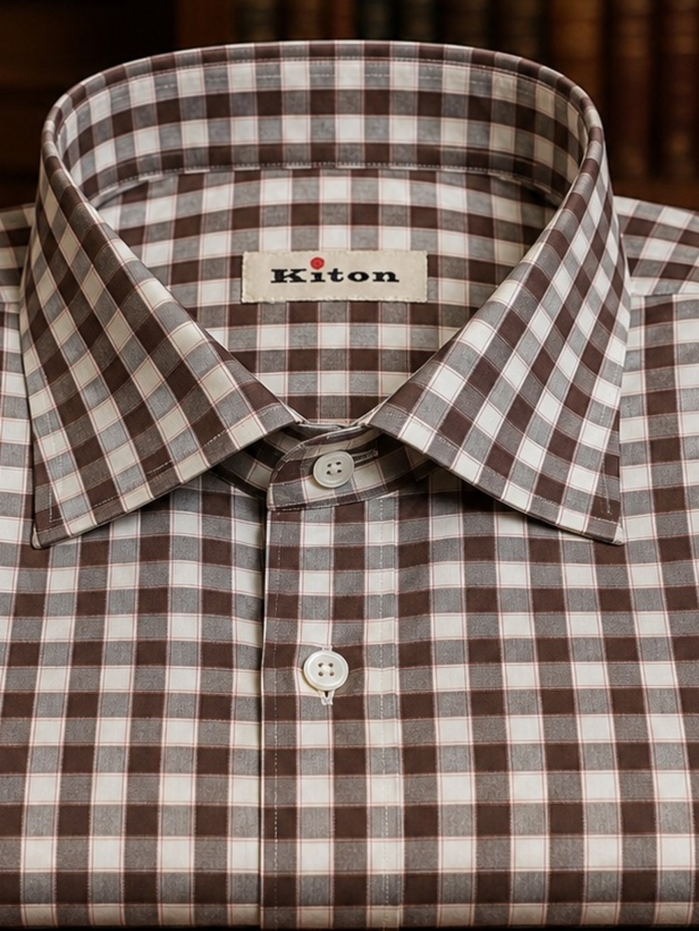 Kiton Brown and White Gingham Dress Shirt